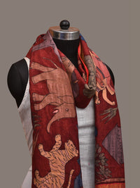 Thumbnail for Red Kalamkari Hand Painted Kanchipuram Silk Handloom Dupatta with Village Design - Global Threads - Distacart