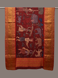 Thumbnail for Red Kalamkari Hand Painted Kanchipuram Silk Handloom Dupatta with Village Design - Global Threads - Distacart