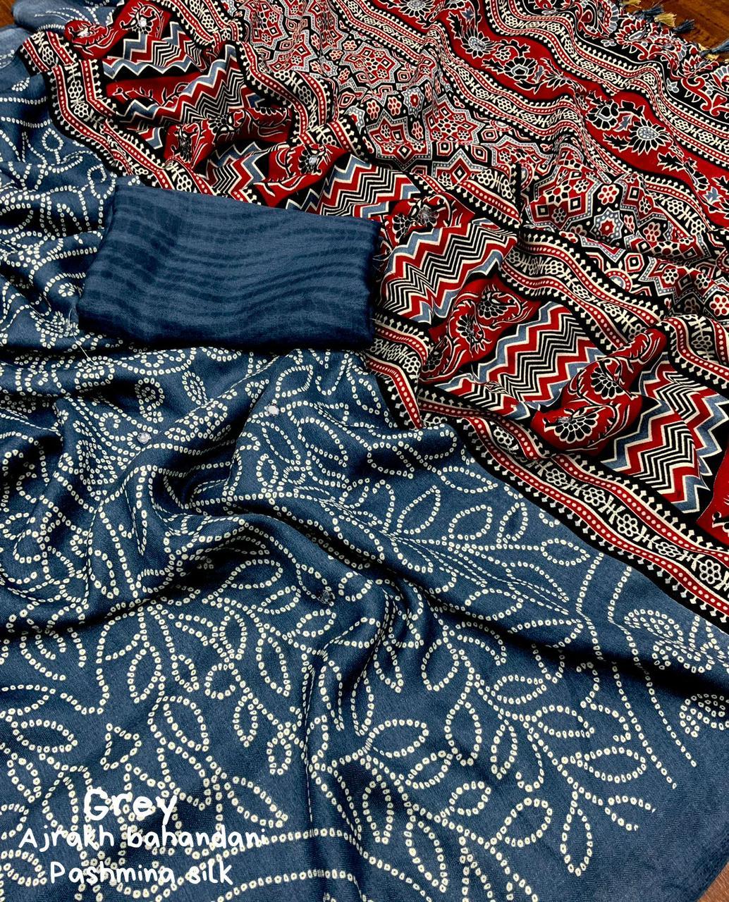 Grey Silk Blend Ajrak Saree with Unstitched Blouse - A2M