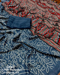 Thumbnail for Grey Silk Blend Ajrak Saree with Unstitched Blouse - A2M