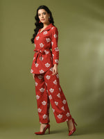 Thumbnail for Myshka Women's Rust Printed Polo Collar Party Top With Trousers Co-ord set - Distacart