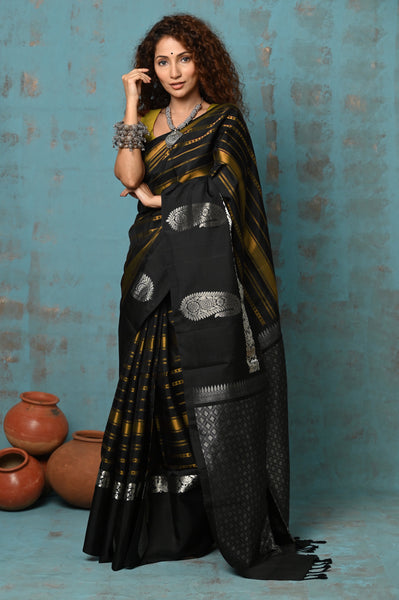 Very Much Indian Anokhi - Handloom Pure Silk Designer Saree - Black and Yellow Designer (Limited Edition)