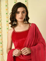 Thumbnail for Myshka Women's Pink Velvet Kurti & Sharara With Dupatta Party Sets - Distacart
