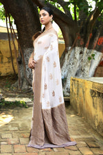 Thumbnail for Joban Fashion Ivory Crepe Chiffon Pure Handloom Banarasi Silk Saree