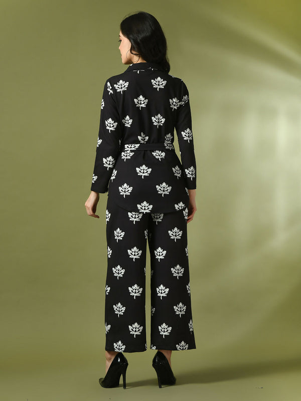 Myshka Women's Black Printed Polo Collar Party Top With Trousers Co-ord set - Distacart