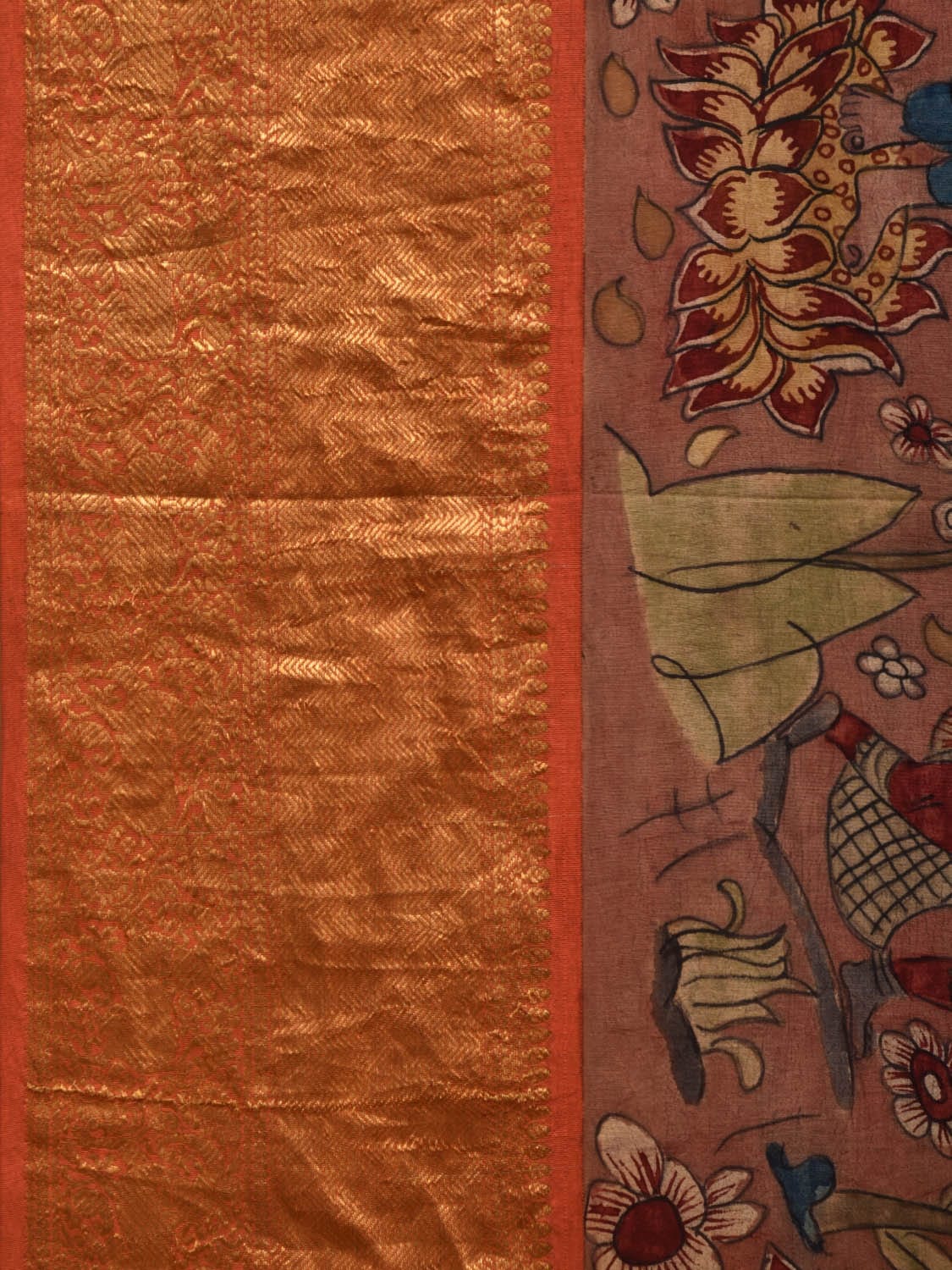 Rust Kalamkari Hand Painted Kanchipuram Silk Handloom Saree with Dashavatar Design - Global Threads - Distacart