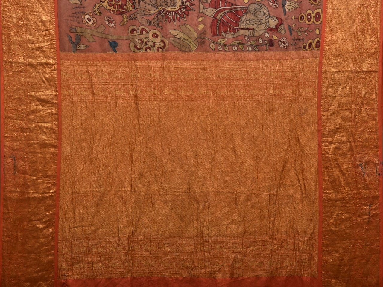 Rust Kalamkari Hand Painted Kanchipuram Silk Handloom Saree with Dashavatar Design - Global Threads - Distacart