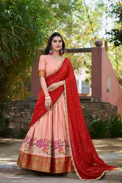 Vastranavya Stunning Cotton Silk Thread Embroidery Work Lehenga Choli - Peach - Distacart
