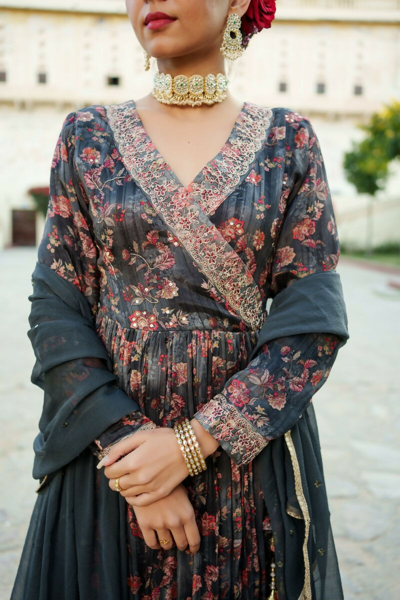 Vaasva Black Chinon Floral Embroidered Angrakha, Pant & Dupatta set - Distacart
