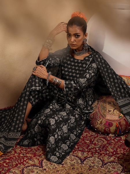 Women Black Printed Straight Kurta Palazzos With Dupatta Set - Taantav