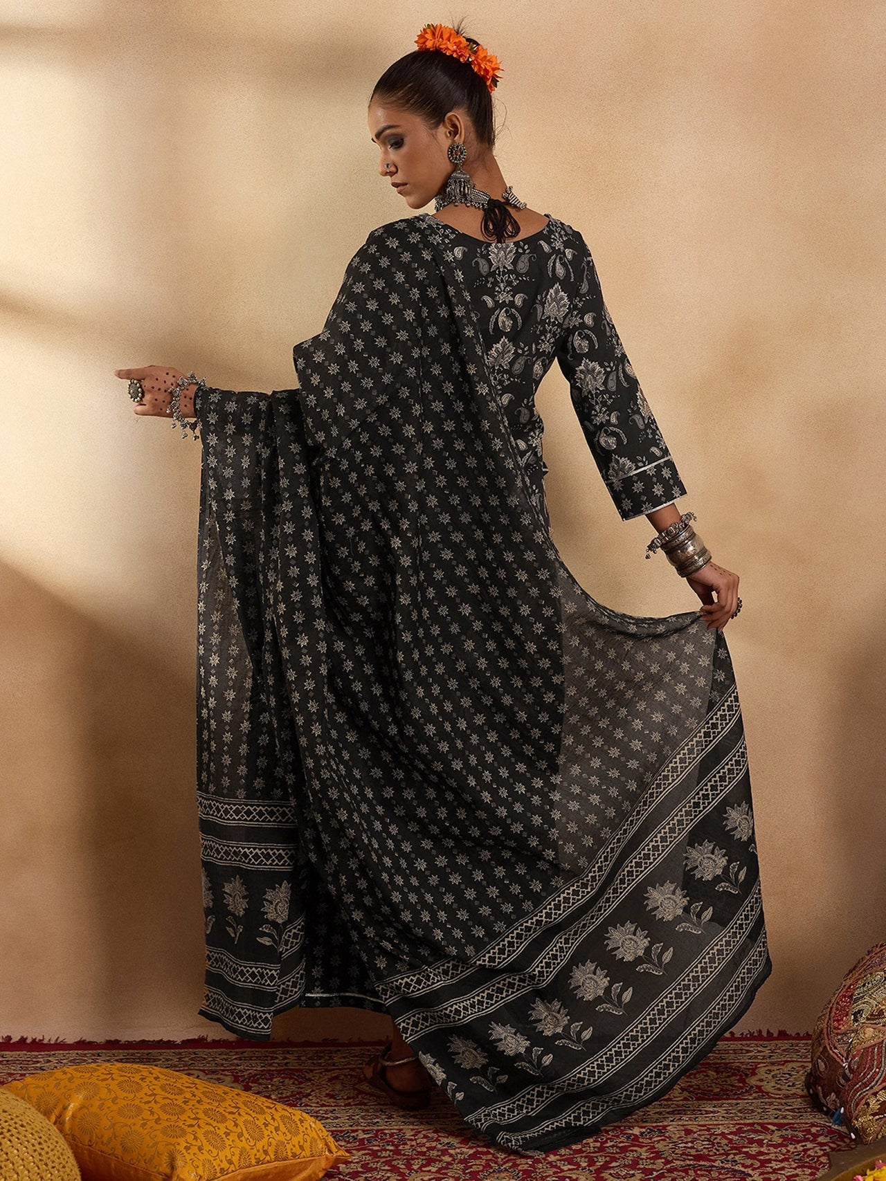 Women Black Printed Straight Kurta Palazzos With Dupatta Set - Taantav