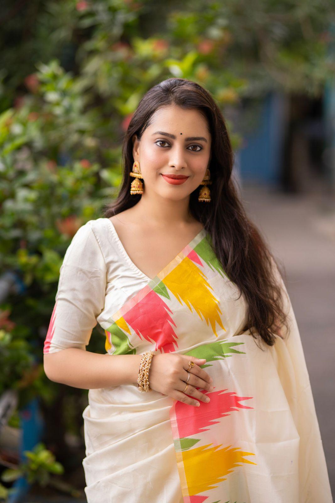 Cream Polycotton Woven Design Saree with Unstitched Blouse - A2M