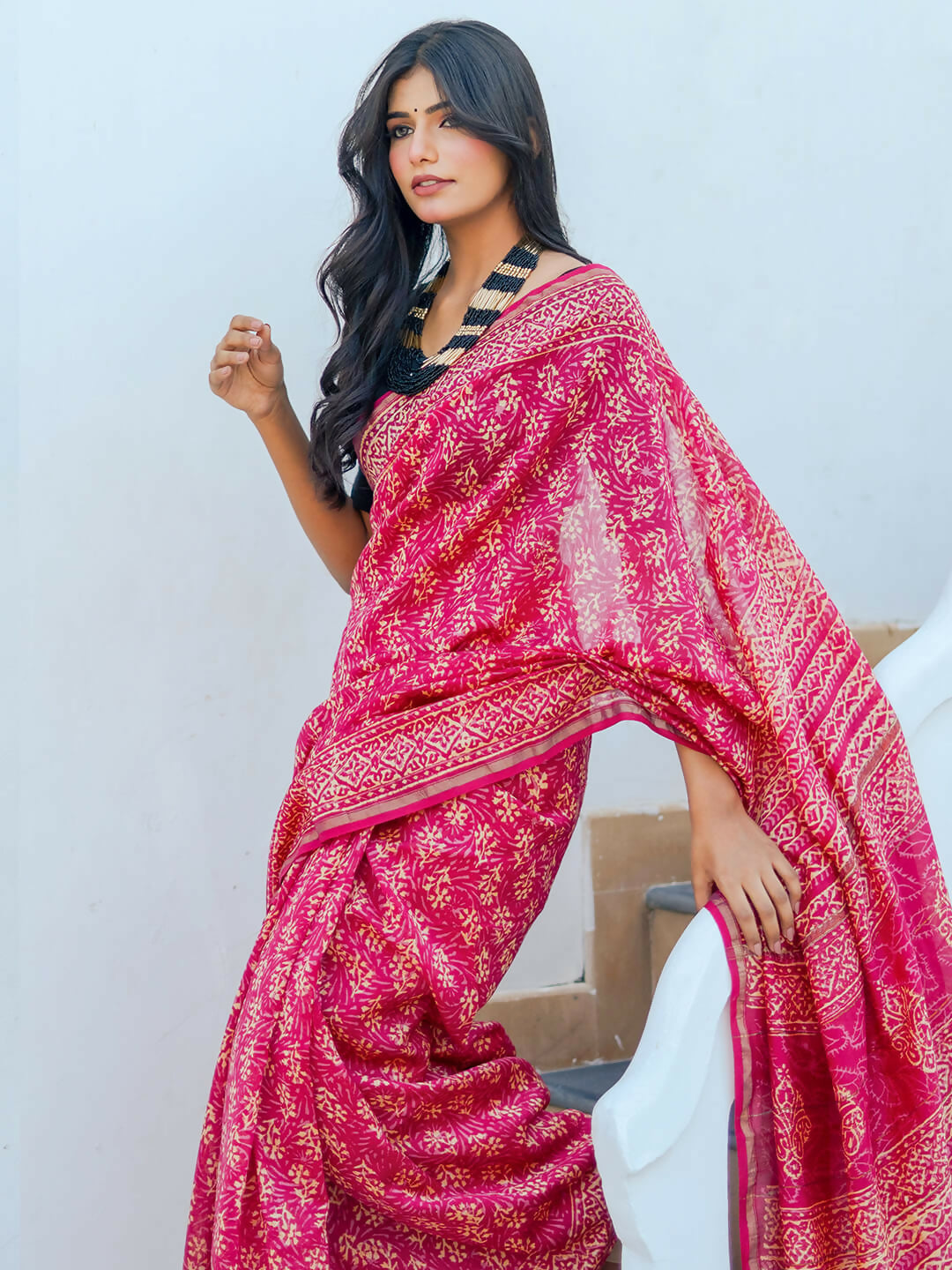 Zibaa Hand-Blocked Pure Chanderi Silk Pink Saree