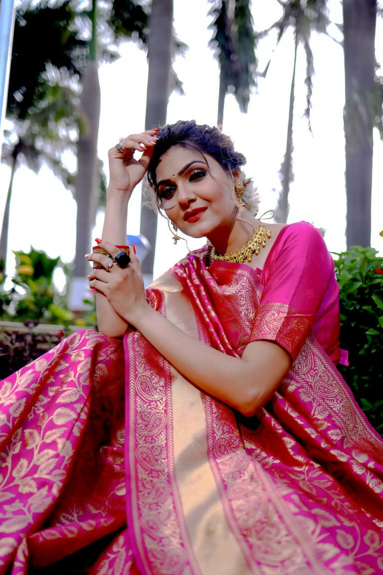 Partywear Designer Pink Banarasi Silk Fancy Saree - Starwalk - Distacart