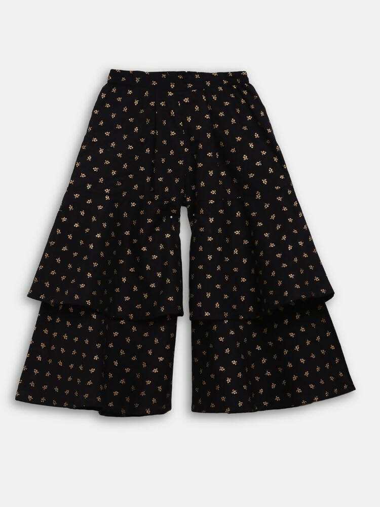 Ahalyaa Black Cotton Gold Print Kids Kurta Sharara Sets For Girls - Distacart