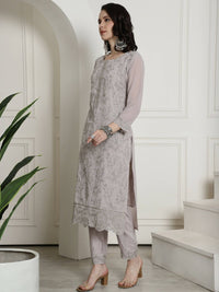 Thumbnail for Aastha Fashion Women's Grey Georgette Floral Resham Thread with Cording & Crystal work Kurta with Trouser & Dupatta - Distacart