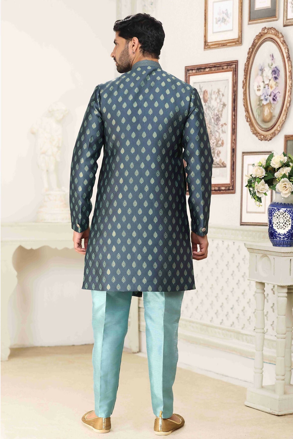 Raivat Ethnic Banarasi Jacquard Embroidery Semi Indo Western Sherwani In Grey Blue Colour