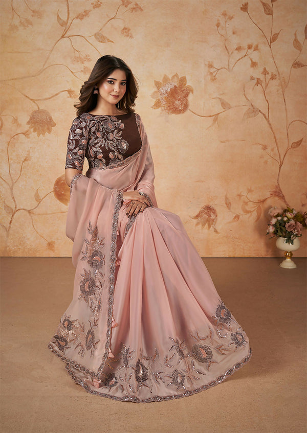 Peach Crepe Satin Silk Thread, Sequence, Cord Embroidered with Stone Work Saree - Mohmanthan Dakshika - Distacart