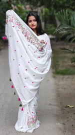 Thumbnail for Exclusive Collection White Pure Cotton Handloom Embroidered Saree