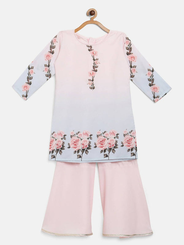 Ahalyaa Pink Crepe Floral Print Kids Kurta Sharara Set With Dupatta For Girls - Distacart