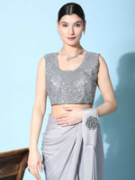 Thumbnail for Grey Imported Crush Lycra Texture Pattern Ready to Wear Saree with stitched Blouse - Nirvana - Distacart