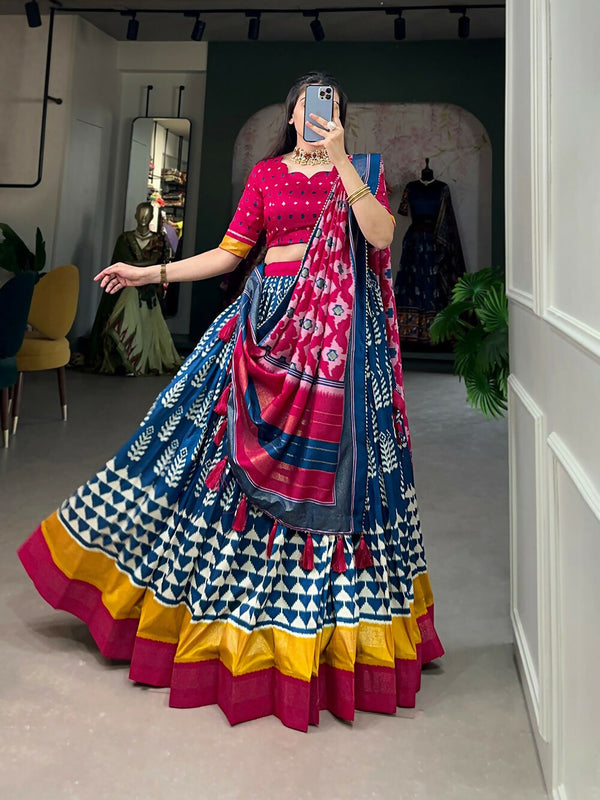 Vastranavya Traditional Printed Tusser Silk Lehenga Choli - Blue - Distacart