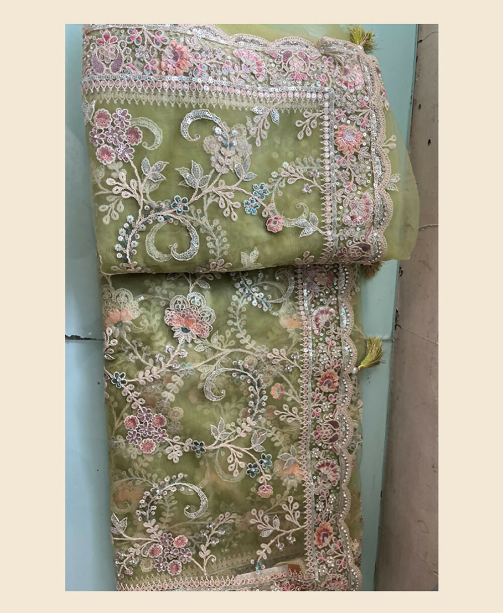 Green Net Sequence & Cord Embroidered Saree - Mohmanthan Dakshika - Distacart