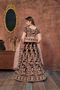 Thumbnail for Aastha Fashion Women's Dark Maroon Thread Embroidery Velvet Silk Bridal Lehenga Choli - Distacart