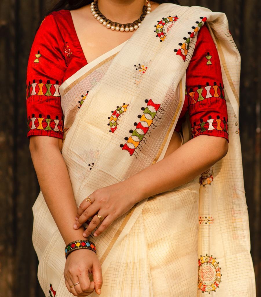Cream Cotton Blend Warli Saree with Unstitched Blouse - A2M
