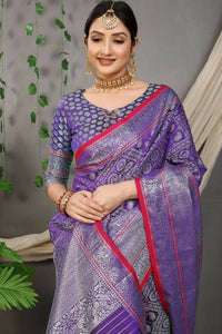 Thumbnail for Aastha Fashion Purple Woven Kanchipuram Silk Saree with Blouse - Distacart