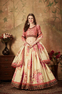 Thumbnail for Aastha Fashion Women's Delightful Beige-Peach Floral Print Organza Wedding Wear Lehenga Choli - Distacart