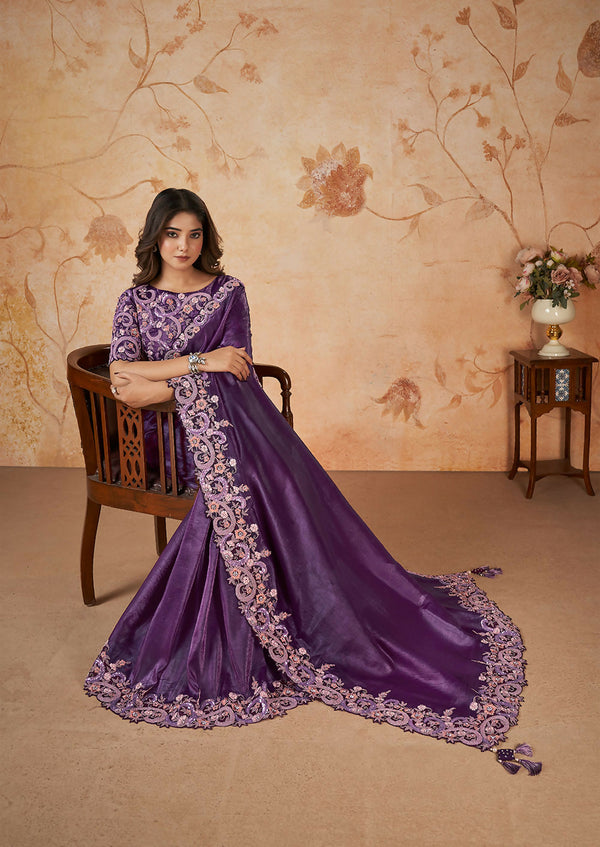Purple Banarasi Crush Silk Thread, Sequence, Cord Embroidered with Stone & Moti Work Saree - Mohmanthan Dakshika - Distacart