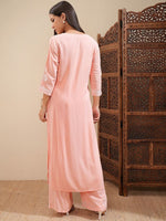 Thumbnail for Vishudh Peach-Coloured Floral Embroidered Thread Work Straight Kurta With Palazzos - Distacart