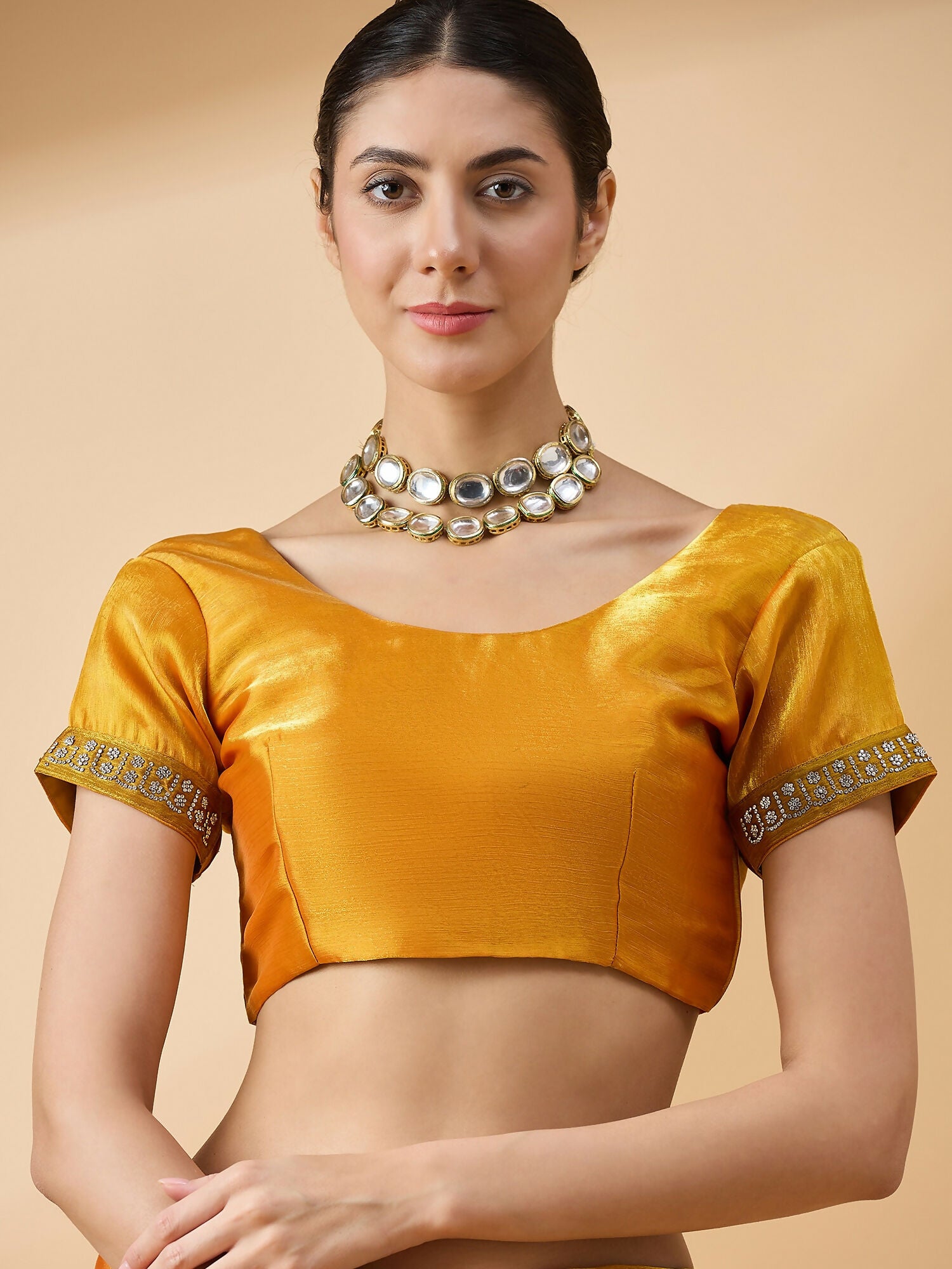 Mustard Organza Swaroski Diamond Work Saree with Unstitched Blouse - Radha - Distacart