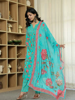 Thumbnail for Yufta Sea Green Floral Print ALine Kurta Trouser Dupatta Set - Distacart