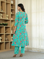 Thumbnail for Yufta Sea Green Floral Print ALine Kurta Trouser Dupatta Set - Distacart