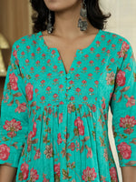 Thumbnail for Yufta Sea Green Floral Print ALine Kurta Trouser Dupatta Set - Distacart