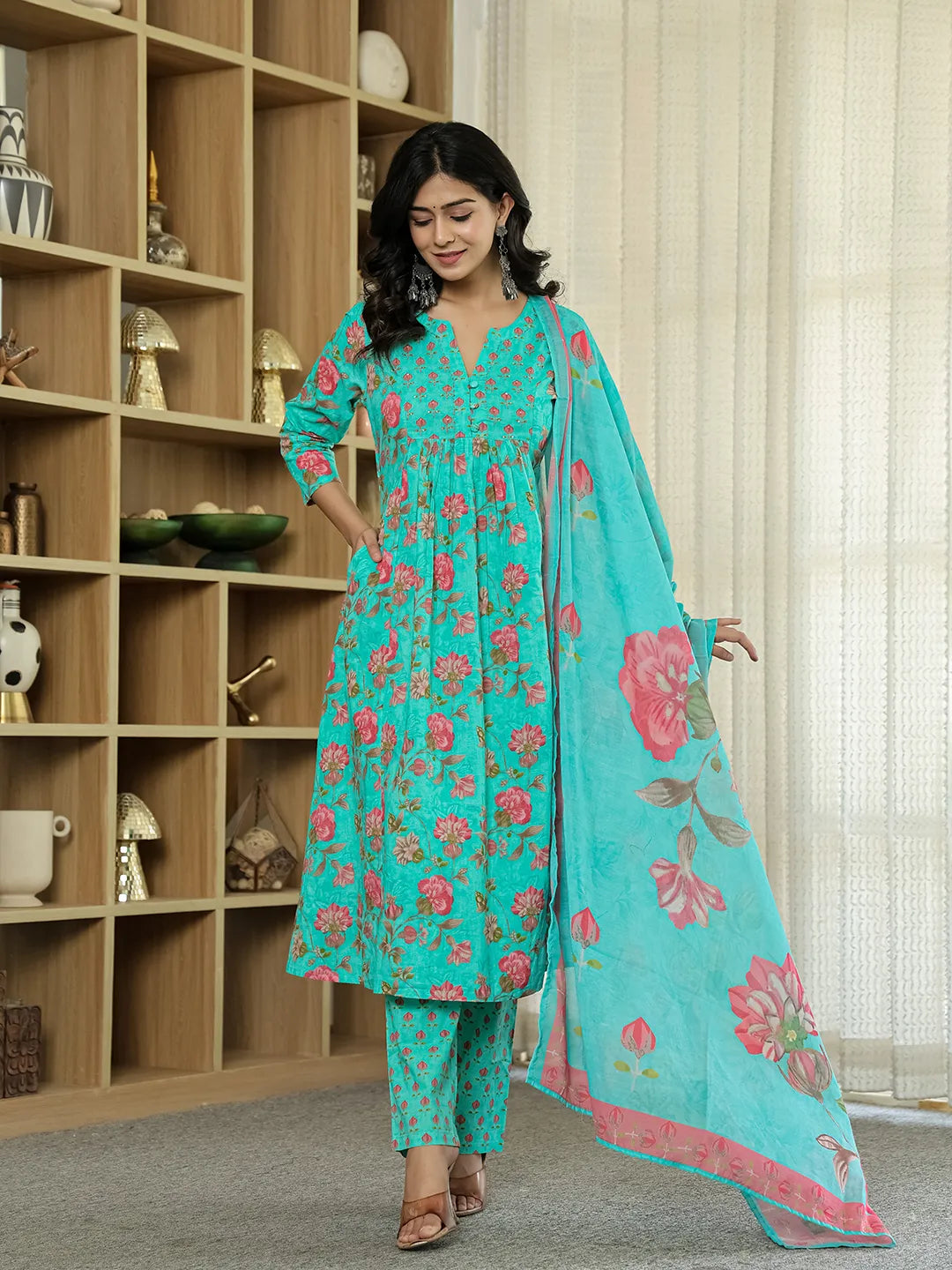Yufta Sea Green Floral Print ALine Kurta Trouser Dupatta Set - Distacart