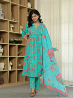 Thumbnail for Yufta Sea Green Floral Print ALine Kurta Trouser Dupatta Set - Distacart