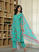 Thumbnail for Yufta Sea Green Floral Print ALine Kurta Trouser Dupatta Set - Distacart