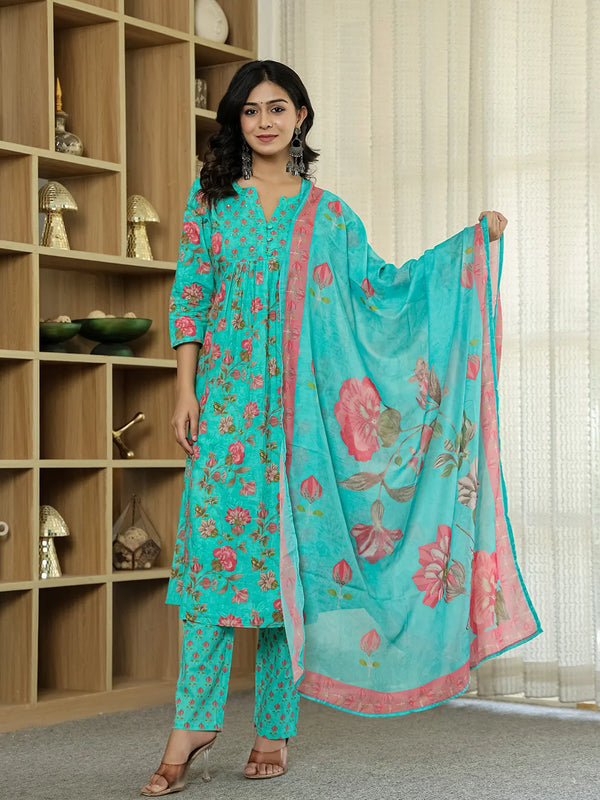 Yufta Sea Green Floral Print ALine Kurta Trouser Dupatta Set - Distacart