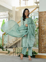 Thumbnail for Yufta Sea Green Pure Cotton Thread Work Sequins Work Kurta Dupatta Pant Set - Distacart