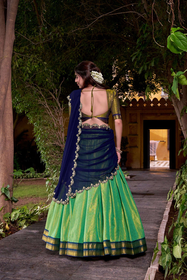 Evanik Seagreen South-style Kanchipuram silk lehenga With Unstitched Blouse & Dupatta