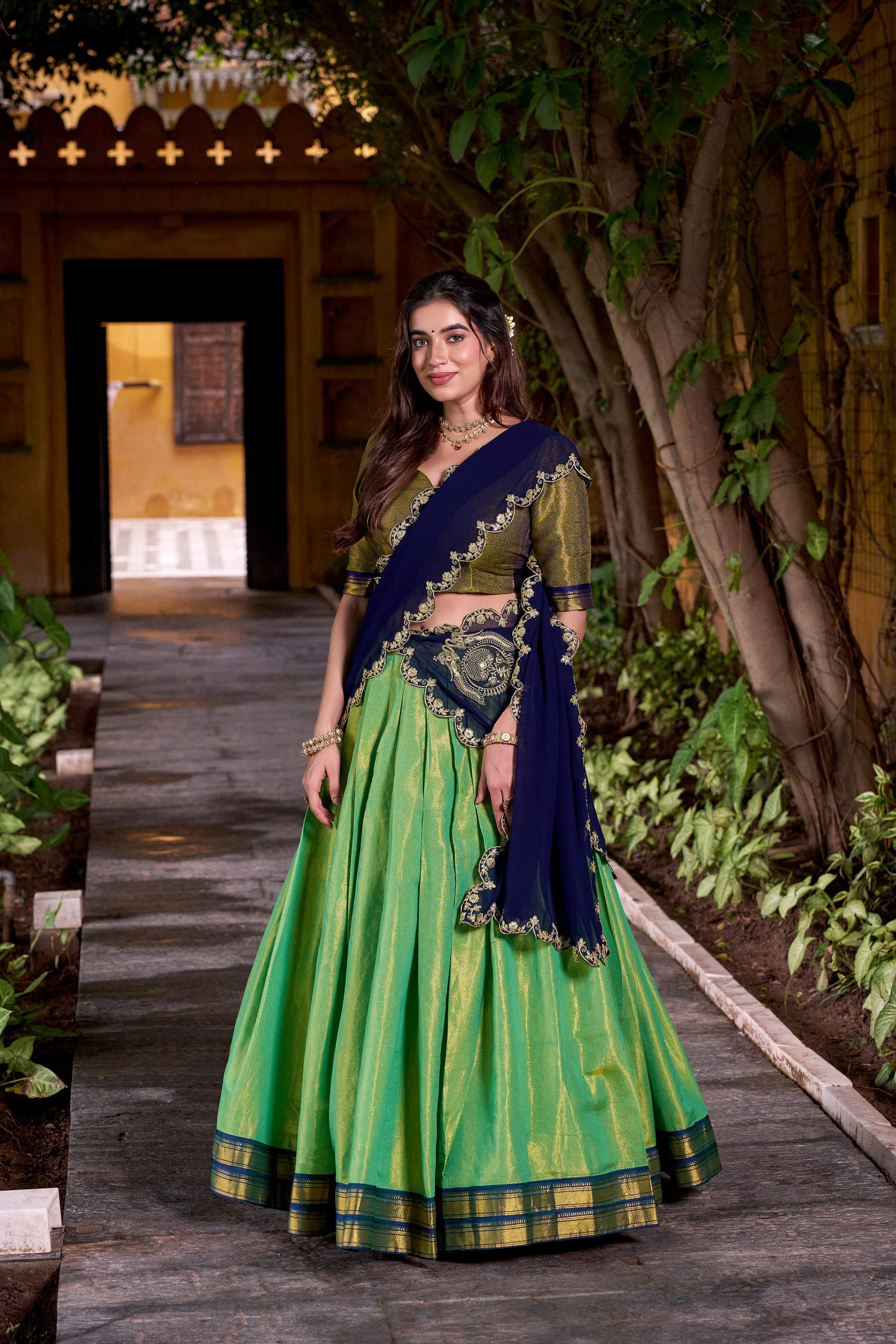 Evanik Seagreen South-style Kanchipuram silk lehenga With Unstitched Blouse & Dupatta
