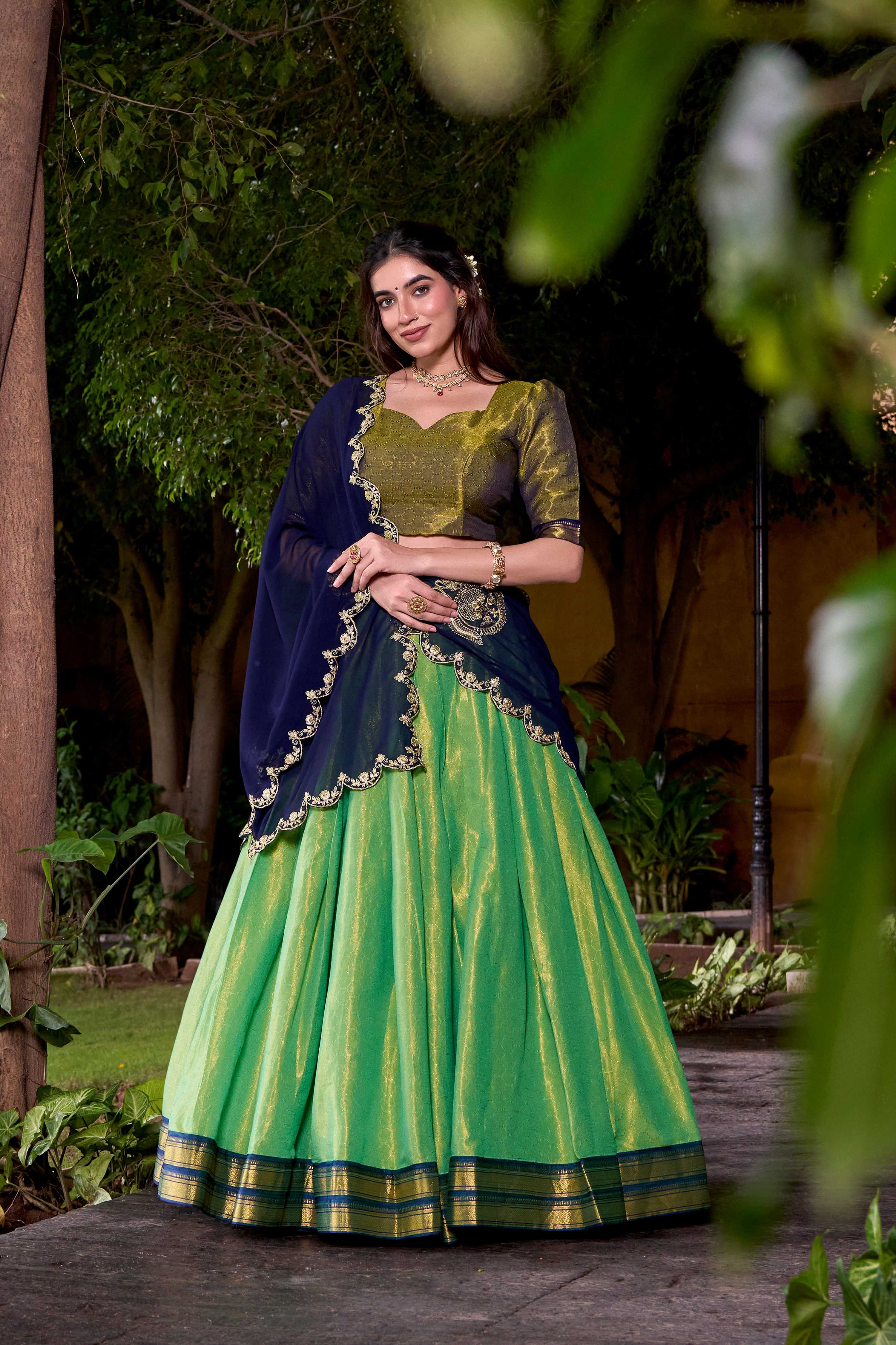 Evanik Seagreen South-style Kanchipuram silk lehenga With Unstitched Blouse & Dupatta