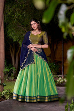 Thumbnail for Evanik Seagreen South-style Kanchipuram silk lehenga With Unstitched Blouse & Dupatta