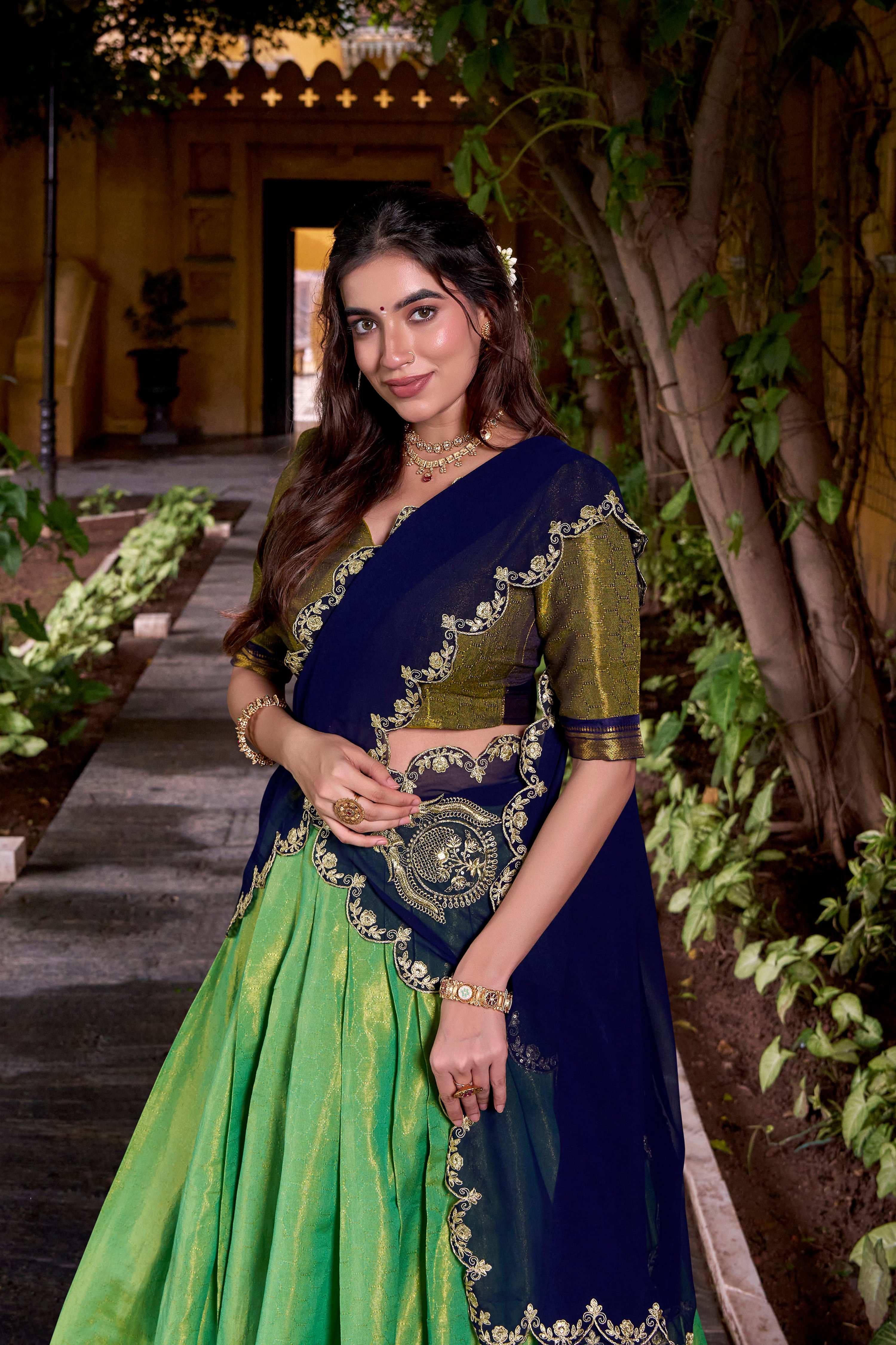 Evanik Seagreen South-style Kanchipuram silk lehenga With Unstitched Blouse & Dupatta