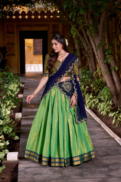 Evanik Seagreen South-style Kanchipuram silk lehenga With Unstitched Blouse & Dupatta