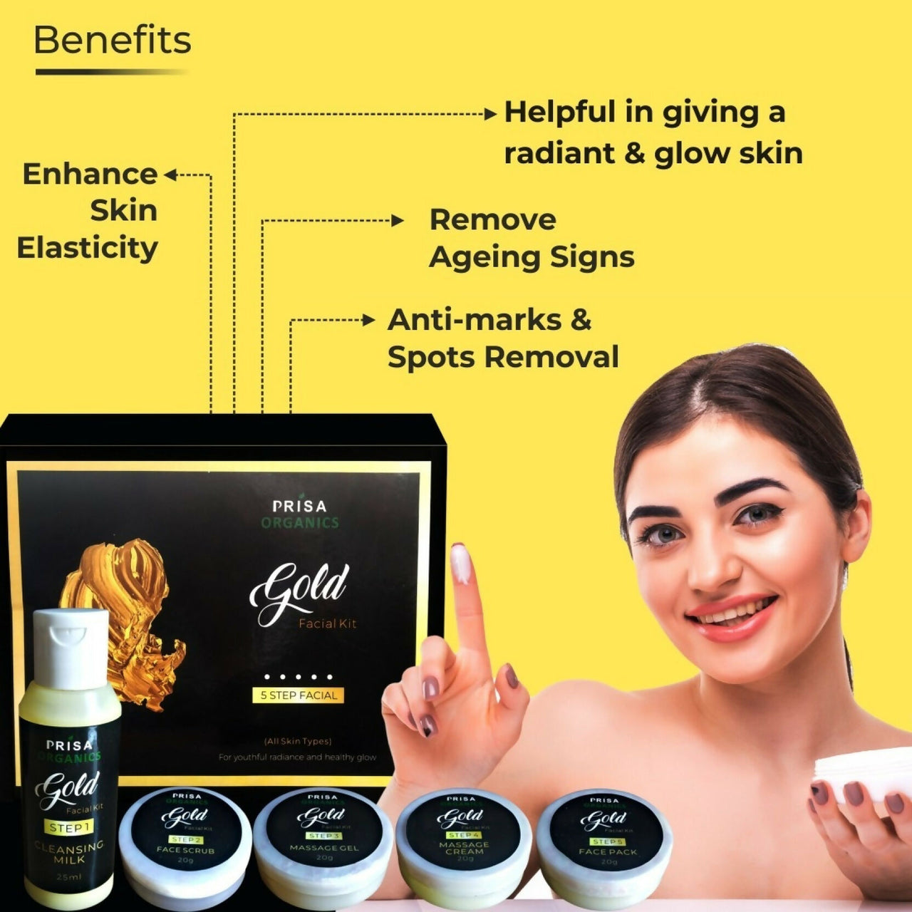Prisa Organics Gold Facial Kit For Radiant & Glowing Skin - Cleanses & Rejuvenates Skin, Removes Dead Skin, Blackheads