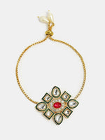Thumbnail for NVR Women & Men Set of 2 Gold Kundan-Studded Handcrafted Wraparound Rakhi Set With Roli Chawal - Distacart